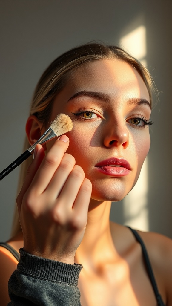 A person applying highlighter on their cheek with a brush