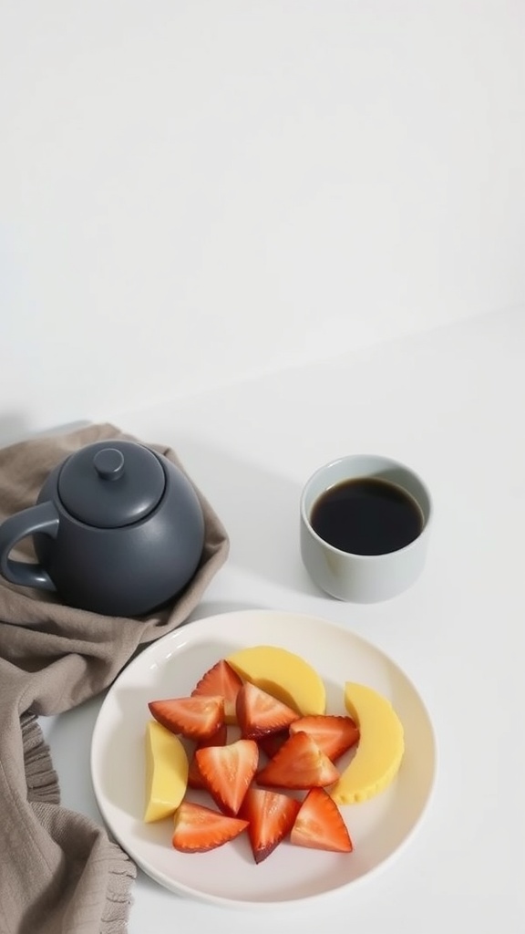 A minimalist breakfast setup with a teapot, a cup of coffee, and a plate of fresh fruit.