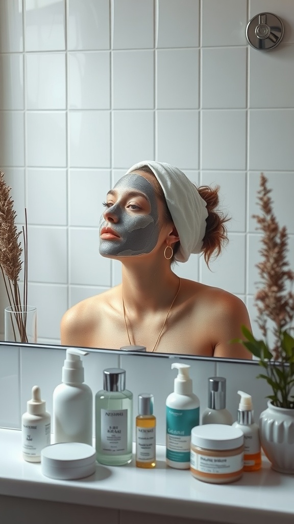 A woman with a face mask applying skincare products in a bathroom setting.