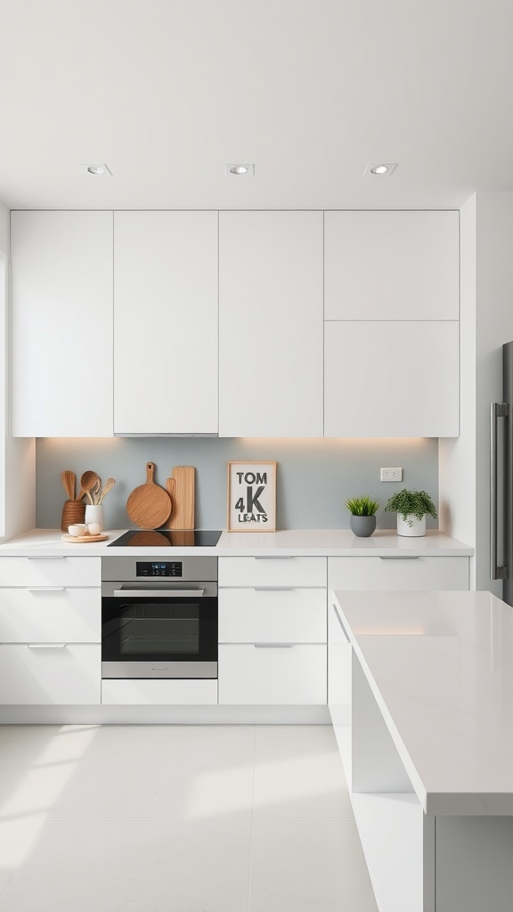 A modern minimalist kitchen featuring white cabinetry, sleek appliances, and a clean countertop.