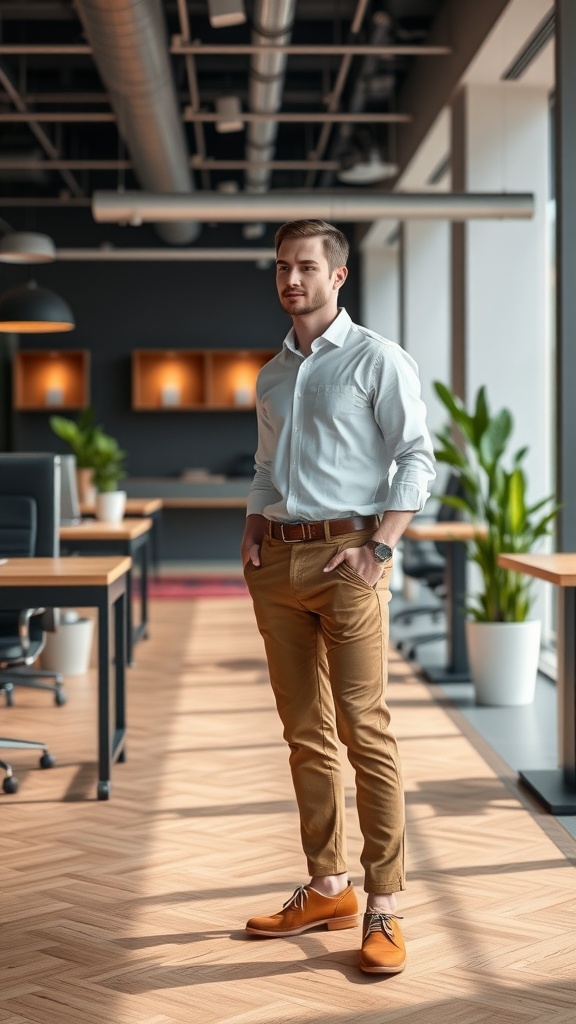 A man in a light button-up shirt and tailored pants stands confidently in a modern office setting.