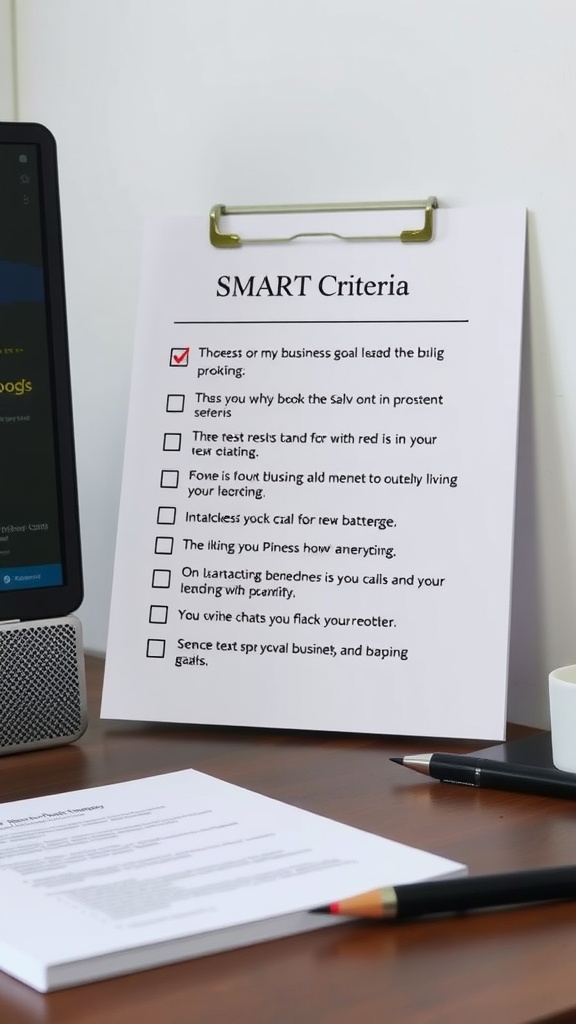 A checklist of SMART criteria for setting business goals, resting on a wooden desk next to a digital device and pens.