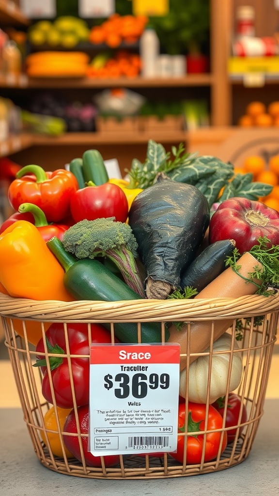 A basket filled with colorful fresh vegetables, including bell peppers, zucchini, broccoli, and eggplant, with a price tag.