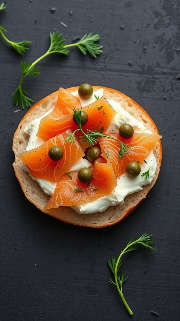 A smoked salmon bagel topped with cream cheese, capers, and fresh dill on a dark background.