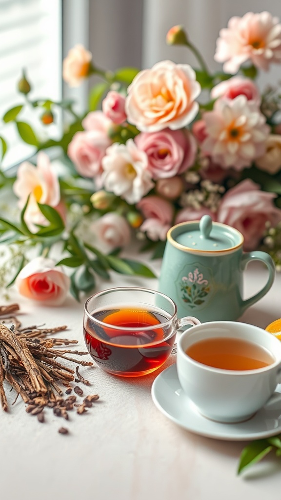 A cozy display of herbal tea selections, with flowers and tea cups.
