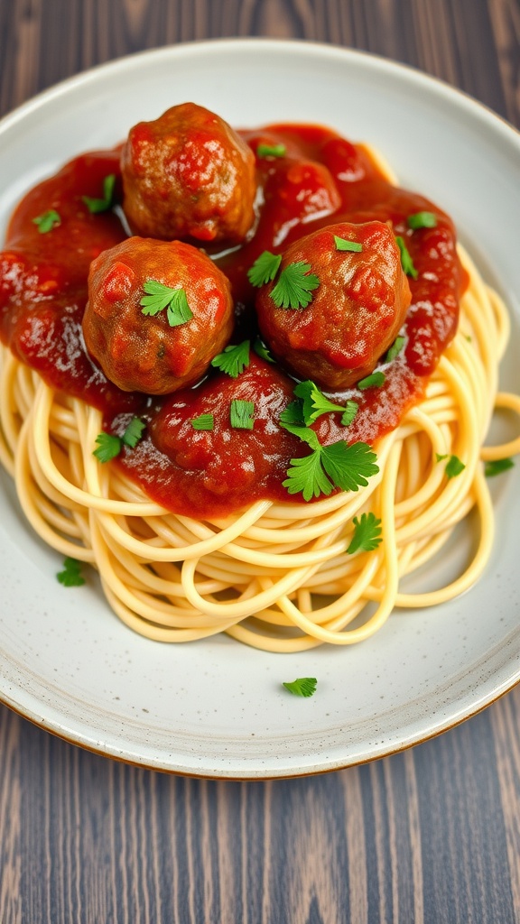 A plate of spaghetti topped with meatballs and marinara sauce garnished with parsley.