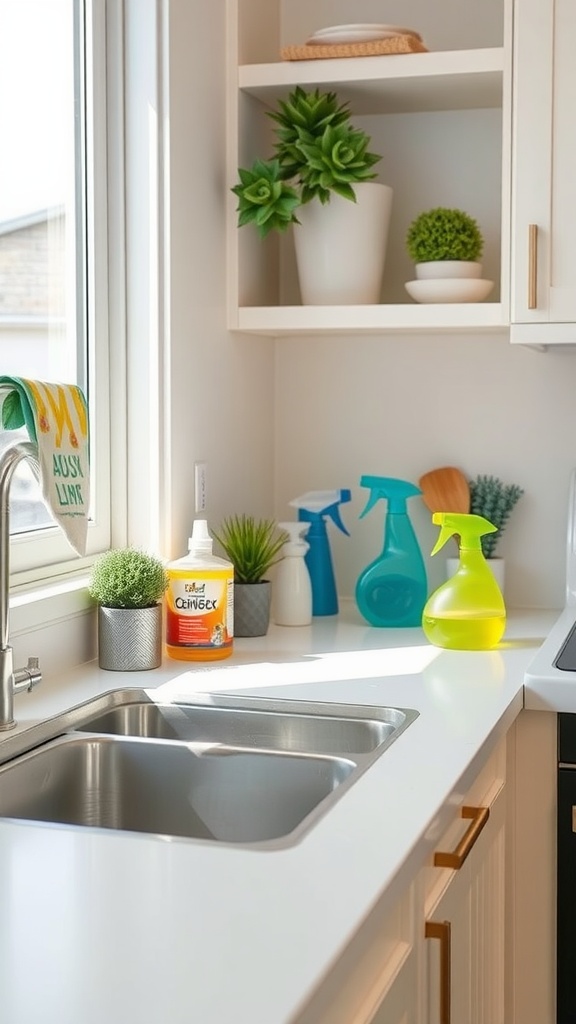 A clean kitchen sink with cleaning supplies and green plants on the countertop.