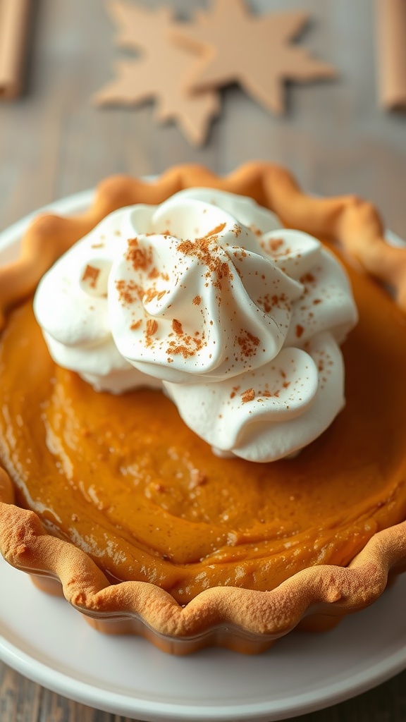 A close-up of a spiced pumpkin pie topped with whipped cream and a sprinkle of cinnamon.