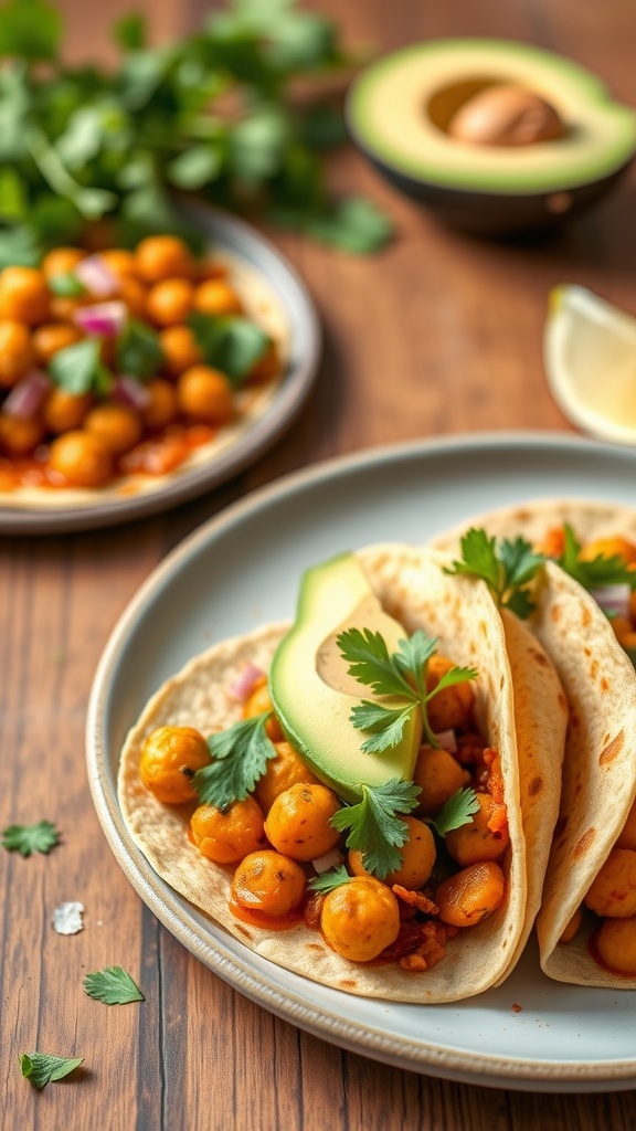 A plate of spicy chickpea tacos topped with avocado and cilantro.