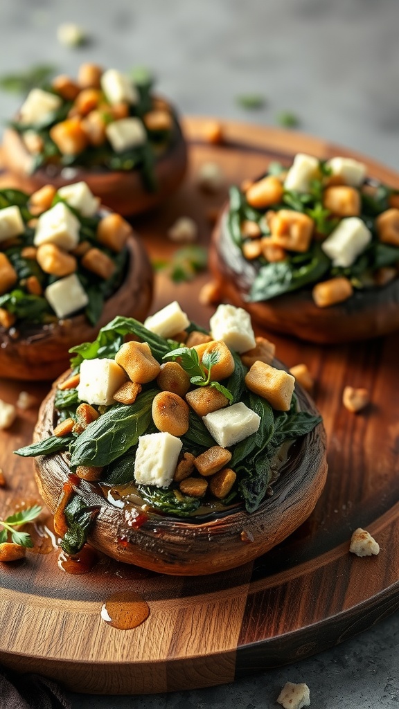 Stuffed portobello mushrooms with spinach, feta, and crispy toppings on a wooden platter.