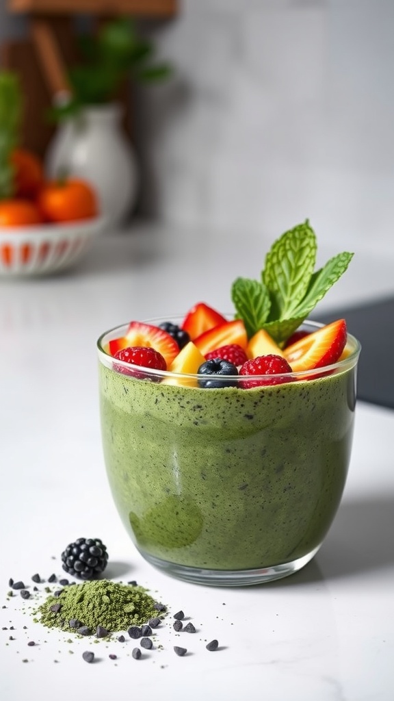 A smoothie bowl topped with fruits and spirulina powder.