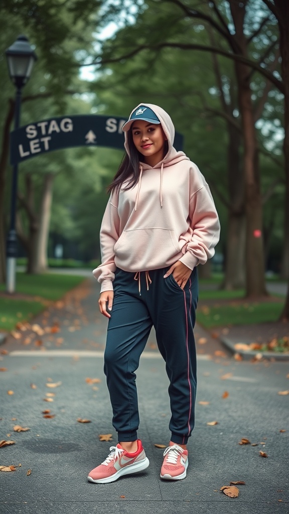 A person wearing a pink hoodie, navy joggers, and retro sneakers in a park setting.