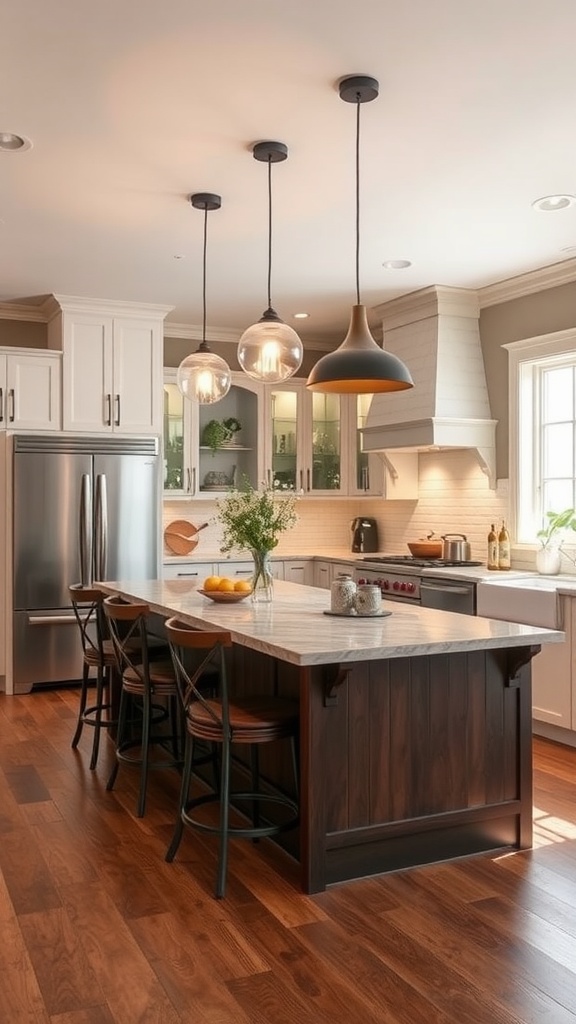 Modern kitchen featuring stylish pendant lighting above the island.