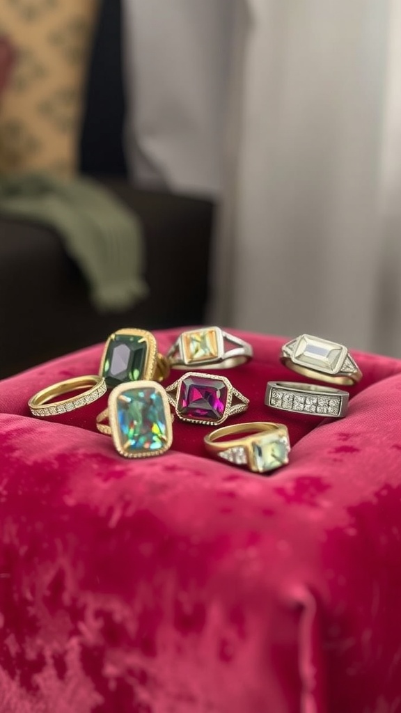 A collection of colorful statement rings displayed on a plush pink surface.