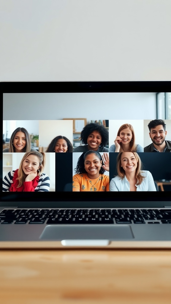 A laptop displaying a virtual meeting with smiling participants.
