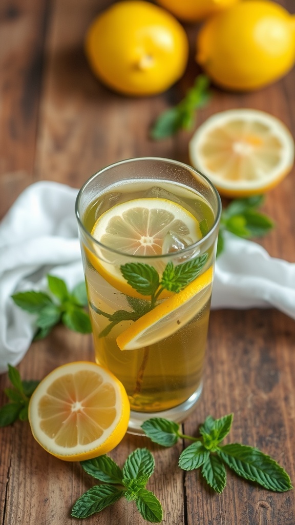 A refreshing glass of herbal infusion with lemon slices and mint leaves, surrounded by fresh lemons.