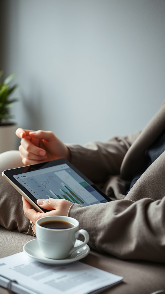 A person sitting comfortably with a tablet, analyzing financial data, and a cup of coffee nearby.