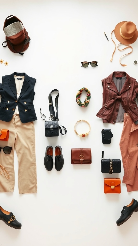 An artistic arrangement of clothing and accessories displaying various fashion items.