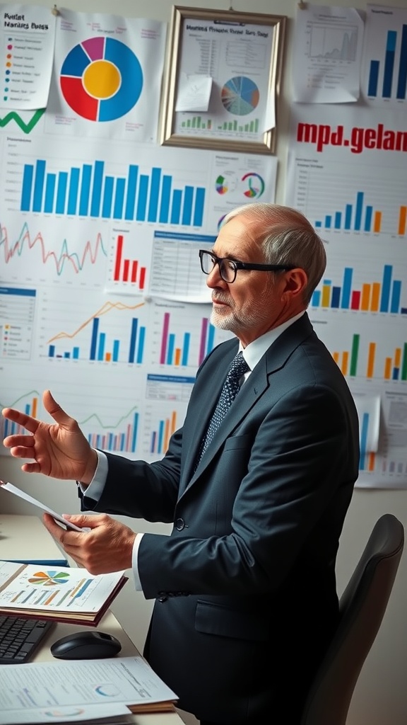 A businessman discussing strategies with charts and graphs in the background.