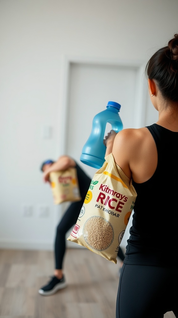 A woman performing strength training at home using bags of rice and a bottle of detergent.