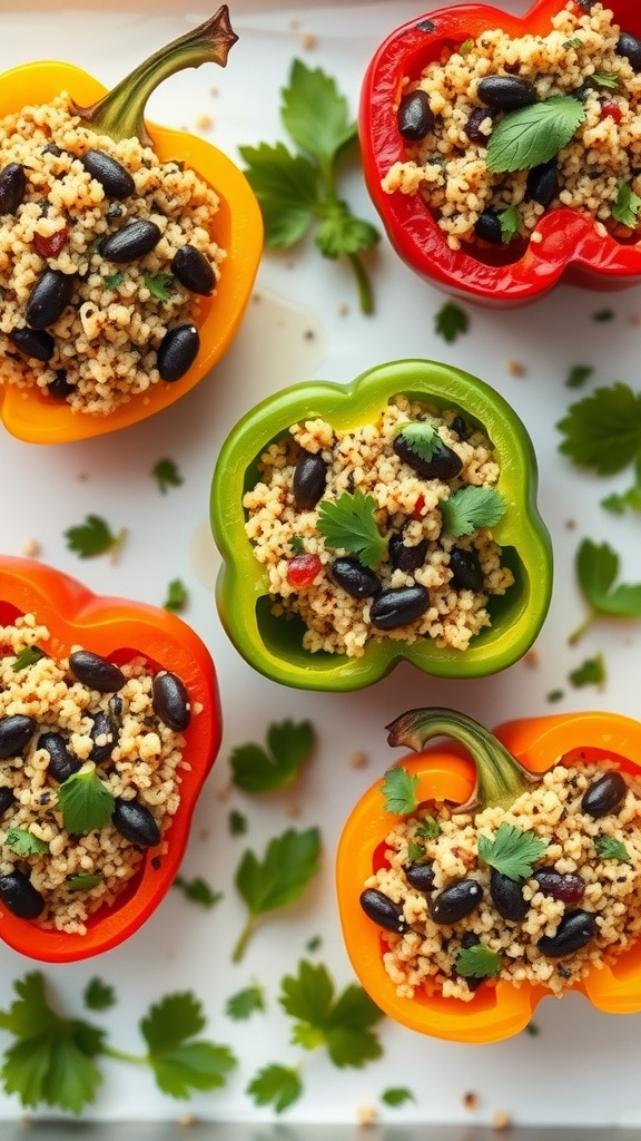Colorful stuffed bell peppers with a grain and bean filling, garnished with cilantro.