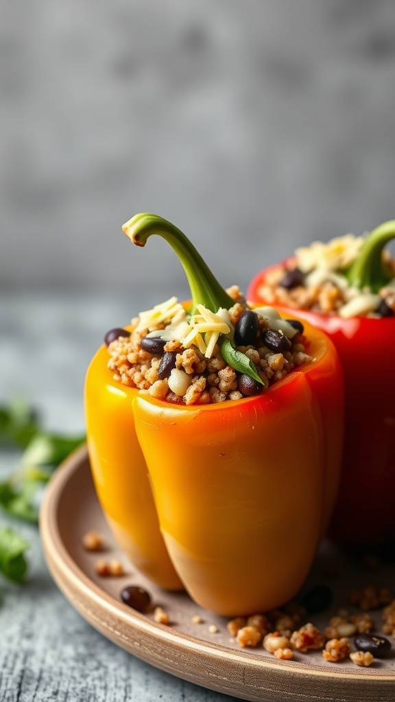 Two stuffed bell peppers filled with grains and beans on a plate