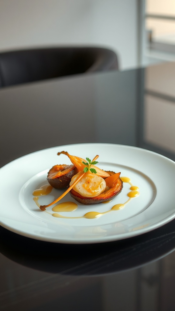 An elegantly plated dish featuring seafood and sauce on a white plate.