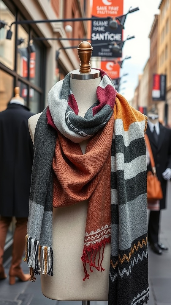 A stylish scarf displayed on a mannequin, showcasing various colors and patterns.