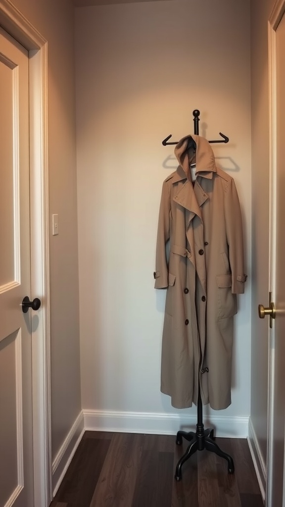 A stylish beige trench coat hanging on a stand in a well-lit room.