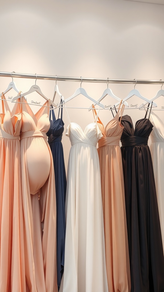 A selection of stylish maternity dresses hanging on a rack in various colors.