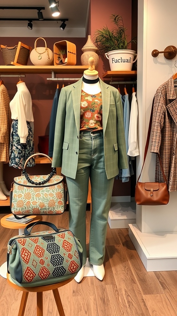 A stylish outfit on display in a boutique, featuring a green blazer and matching pants with patterned accessories.