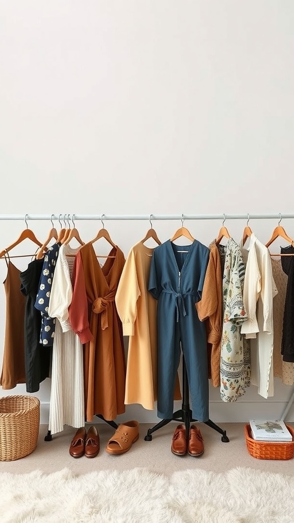 A collection of sustainable clothing options displayed on hangers