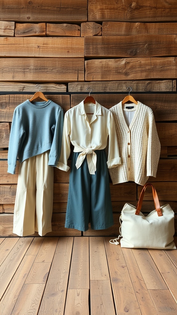 A display of sustainable fashion outfits including a sweater, shirt, and trousers, with a stylish bag.