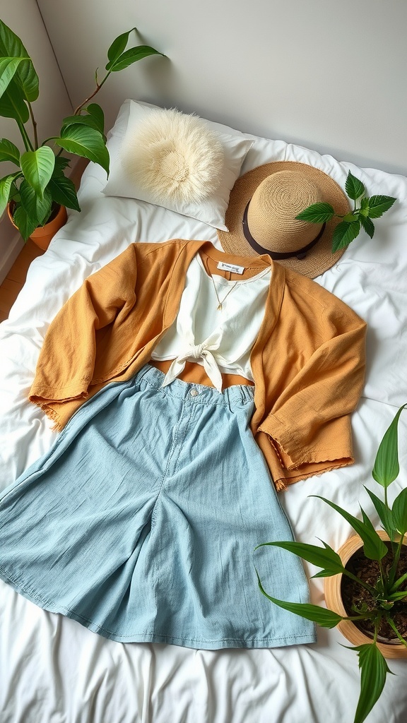 A stylish outfit laid out on a bed, featuring a mustard cardigan, white top, and light blue shorts, surrounded by plants.