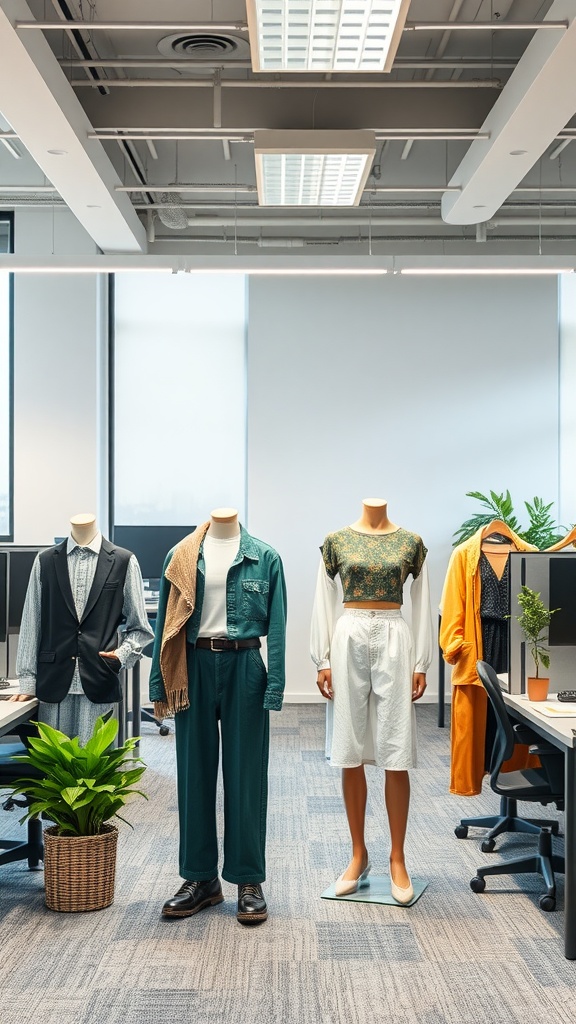 A display of stylish and sustainable work fashion in an office setting.