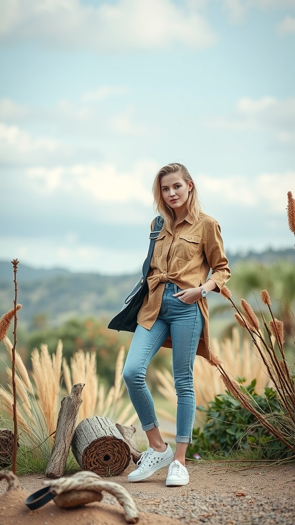 A young woman wearing a stylish outfit in a natural setting, showcasing trendy sustainable fashion.