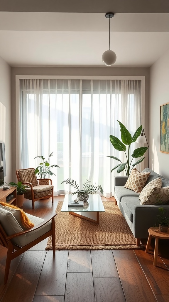 A cozy living room with natural materials and plants.