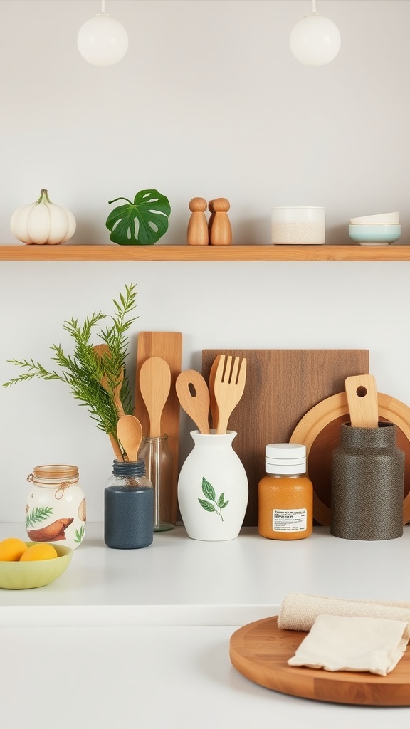 A minimalist kitchen shelf with wooden utensils, plants, and simple decor.