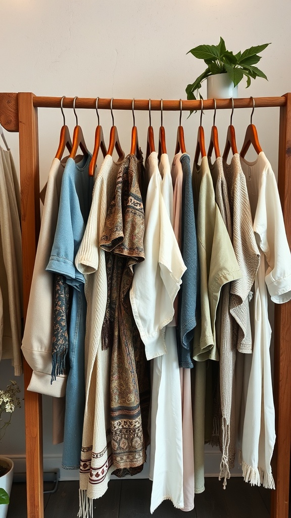 A variety of vintage clothing hanging on a wooden rack with a plant above.