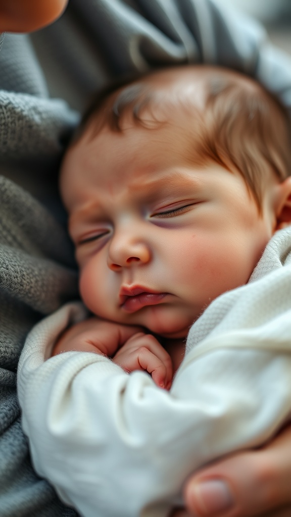 A close-up of a sleeping newborn being held close, showcasing peaceful expressions.