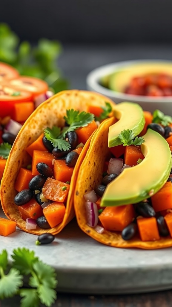 Delicious sweet potato and black bean tacos with avocado and cilantro.