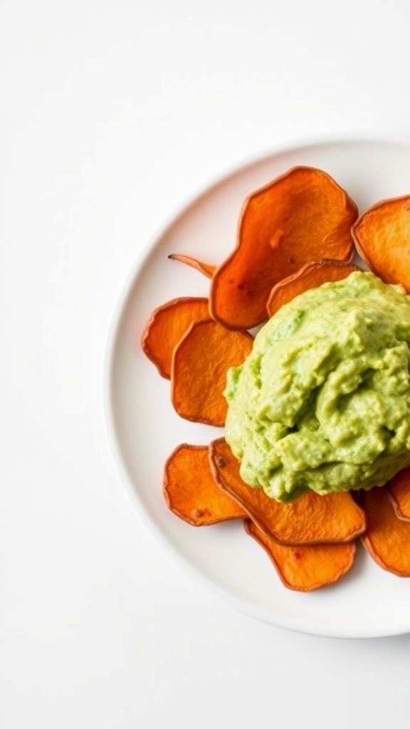 A plate of sweet potato chips arranged around a serving of guacamole.