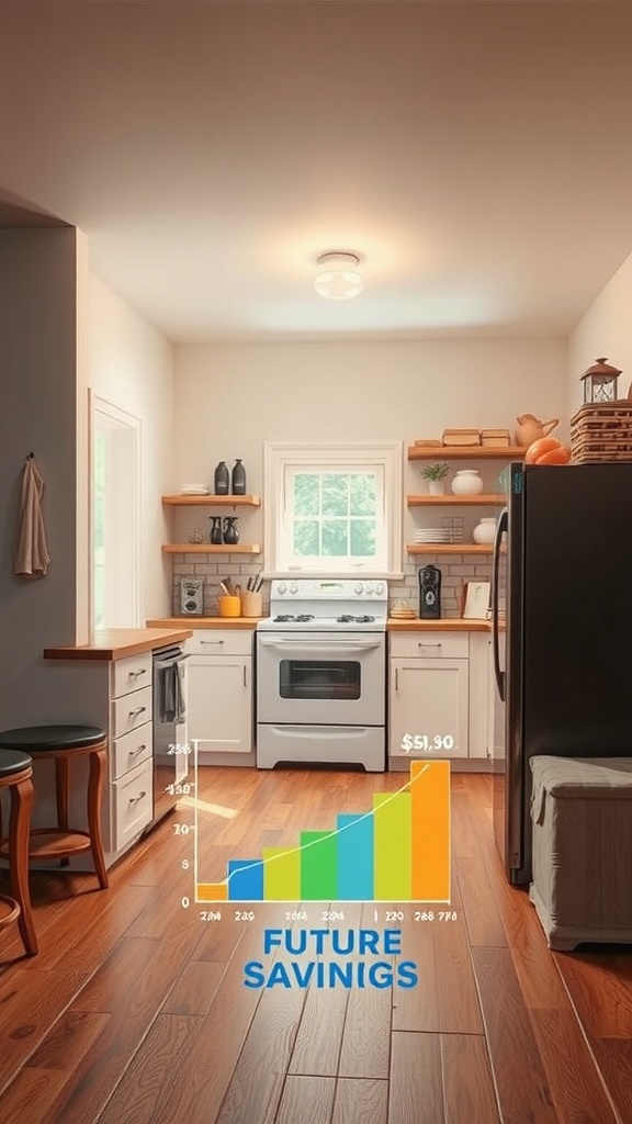 A bright kitchen featuring energy-efficient appliances and a graph showing future savings.