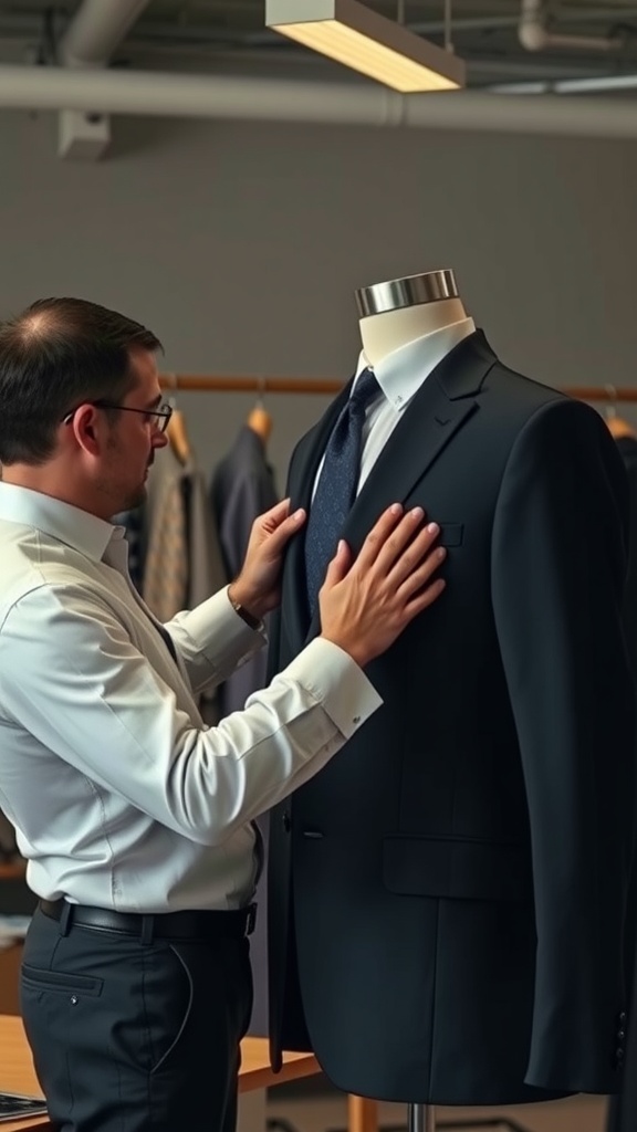 A tailor adjusting a suit on a mannequin in a clothing store.
