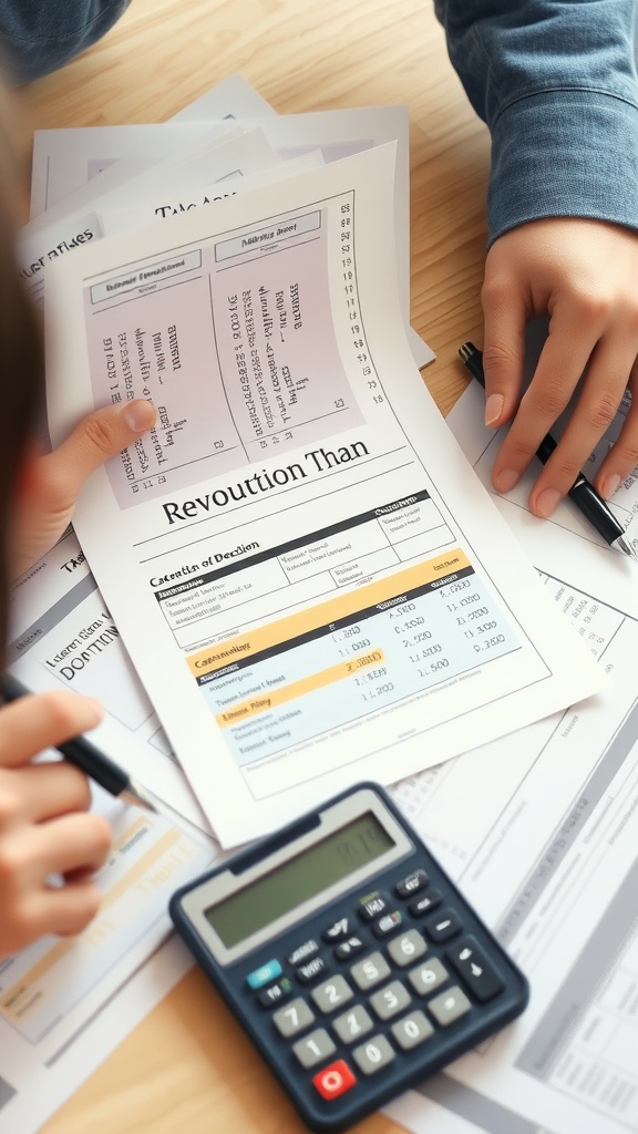 A person reviewing tax documents and using a calculator on a wooden table.