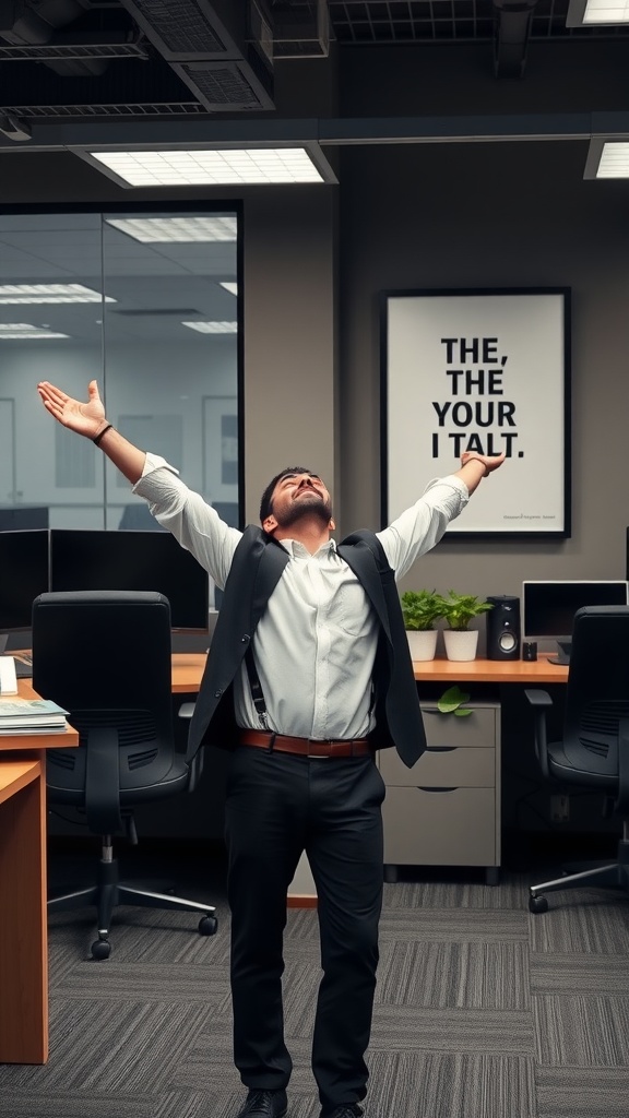 A man in business attire with arms raised in an office setting, expressing joy and relief.