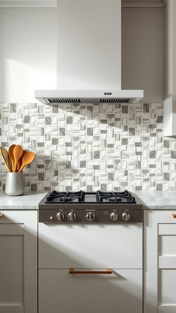 A modern kitchen with a textured backsplash, featuring a stove and cooking utensils.