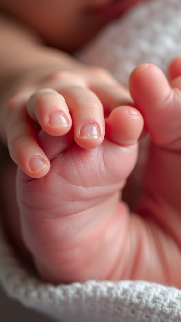 Close-up image of newborn feet on a page of a book, showcasing tiny toes and soft skin.