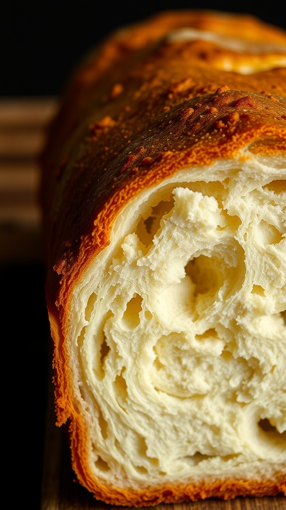 Close-up of freshly baked bread showcasing its crust and soft interior