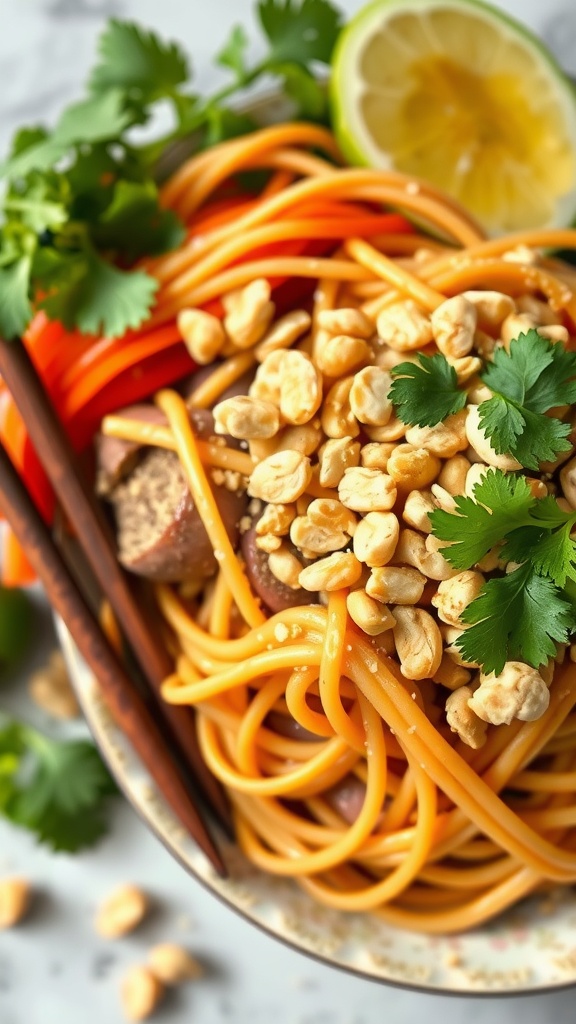 A bowl of Thai peanut noodles topped with crushed peanuts, cilantro, and lemon slices.